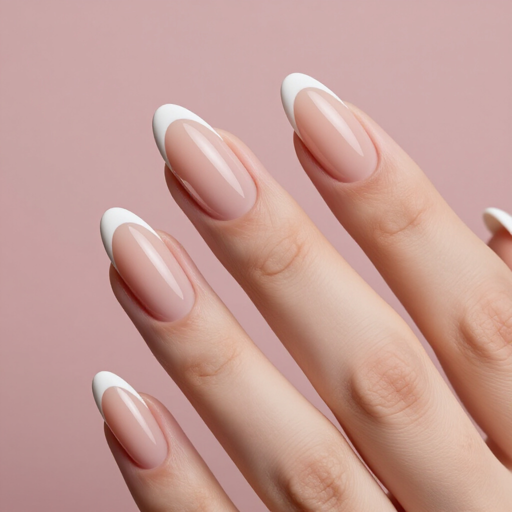 Classic Creamy Nude with Crisp White Almond French Tips - nude almond french tip nails