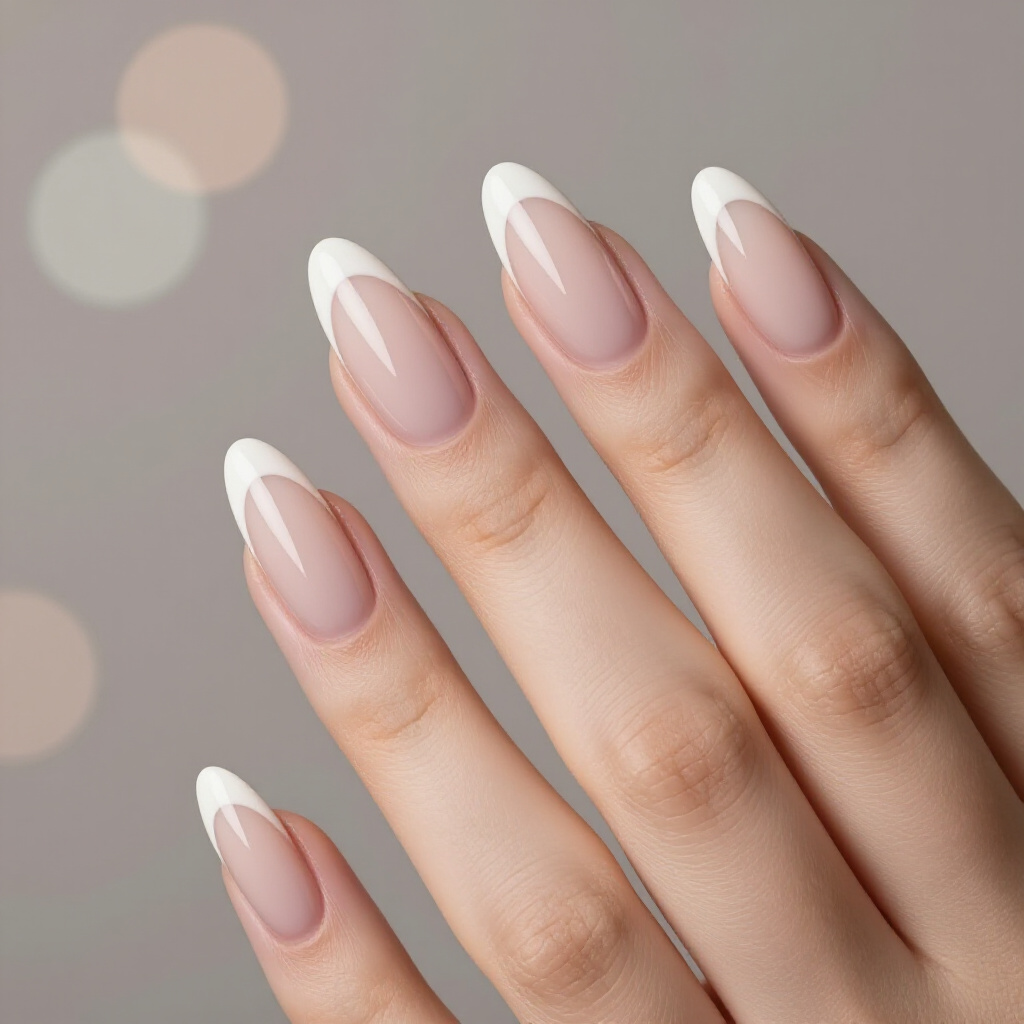 Sheer Milky Nude with Barely-There White Almond French Tips - nude almond french tip nails