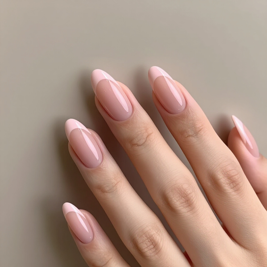 Peachy Nude with Peach-Tinted Almond French Tips - nude almond french tip nails