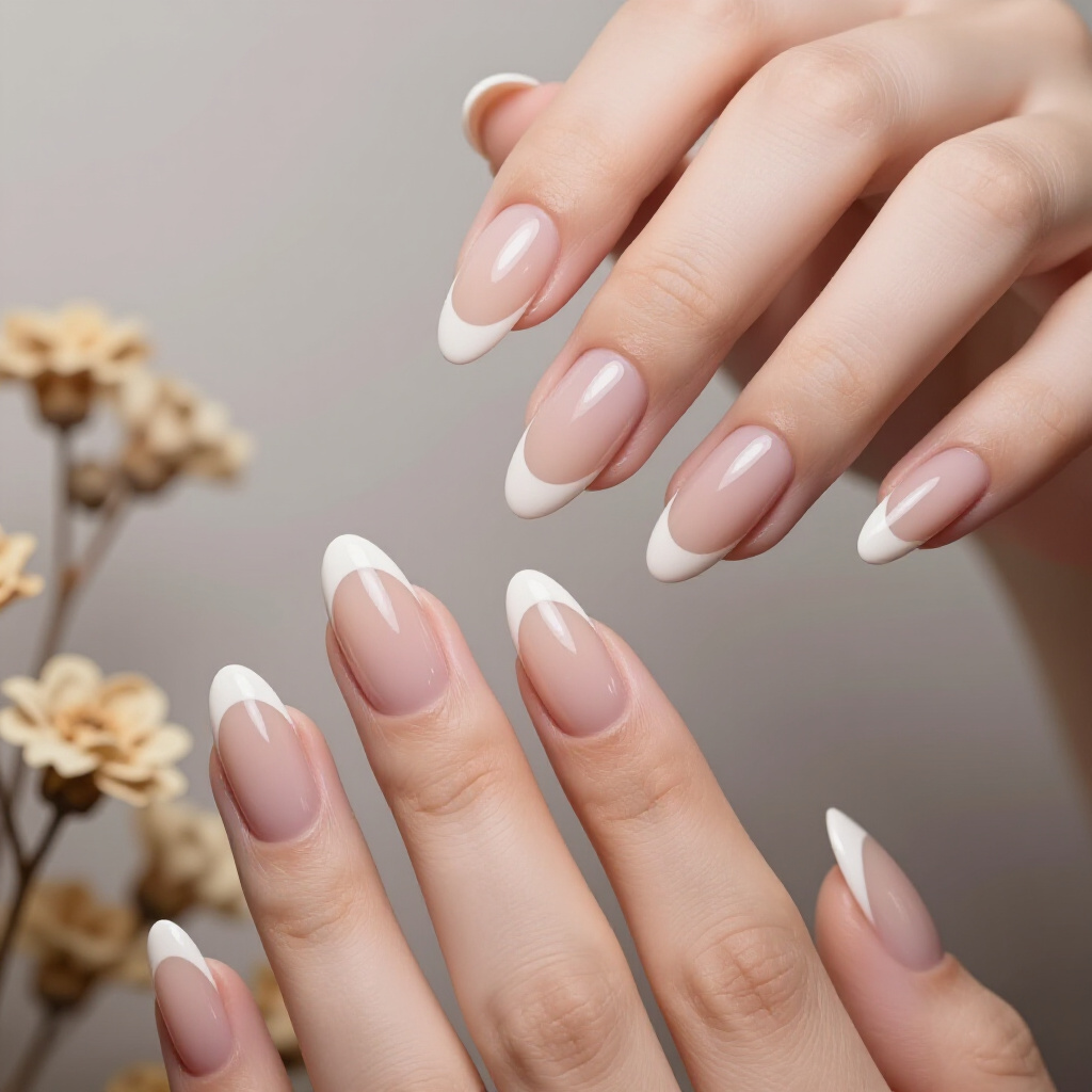 Rosy Nude with White Almond French Tips and Glitter Accent - nude almond french tip nails