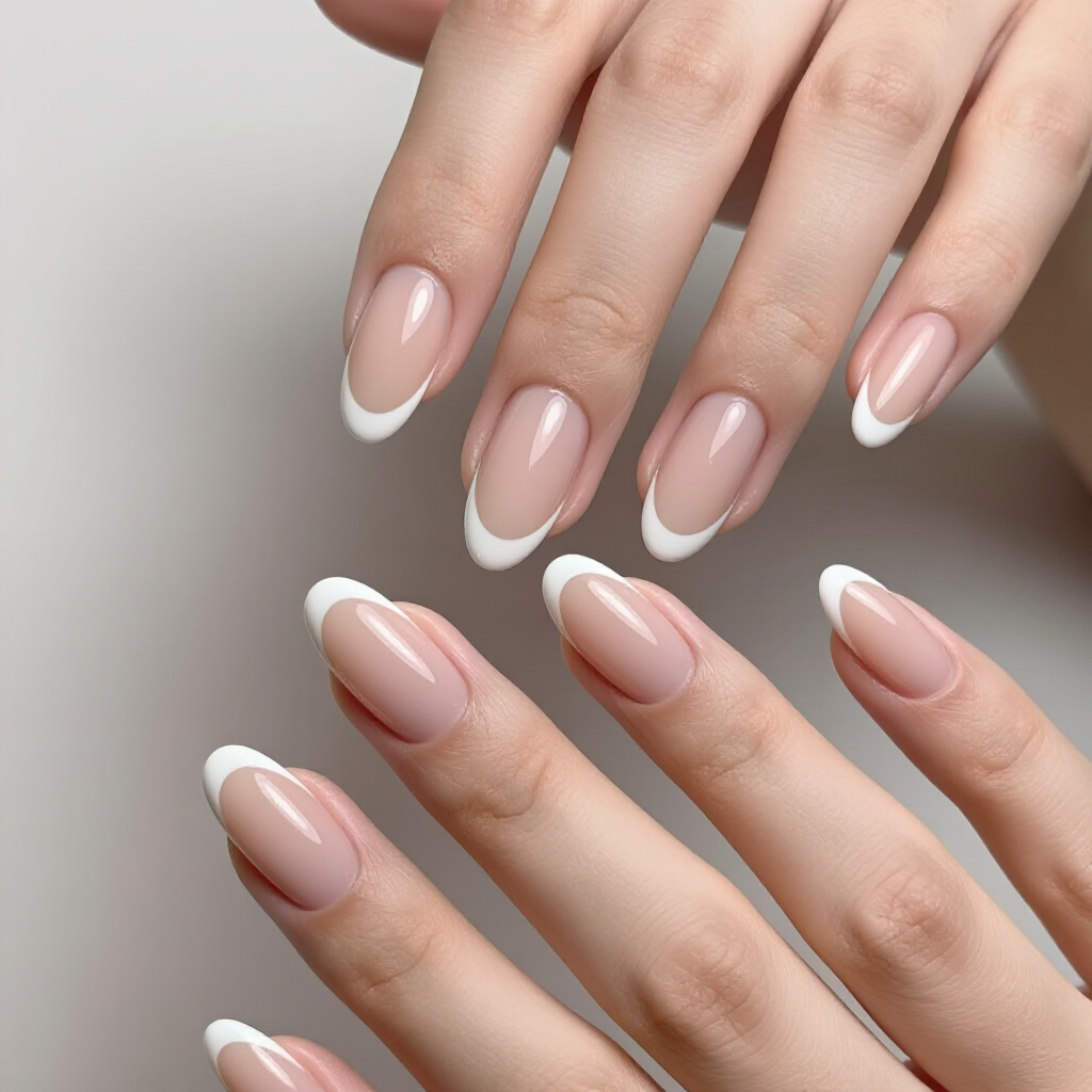 Matte Finish Nude Almond French Tip Nails - nude almond french tip nails