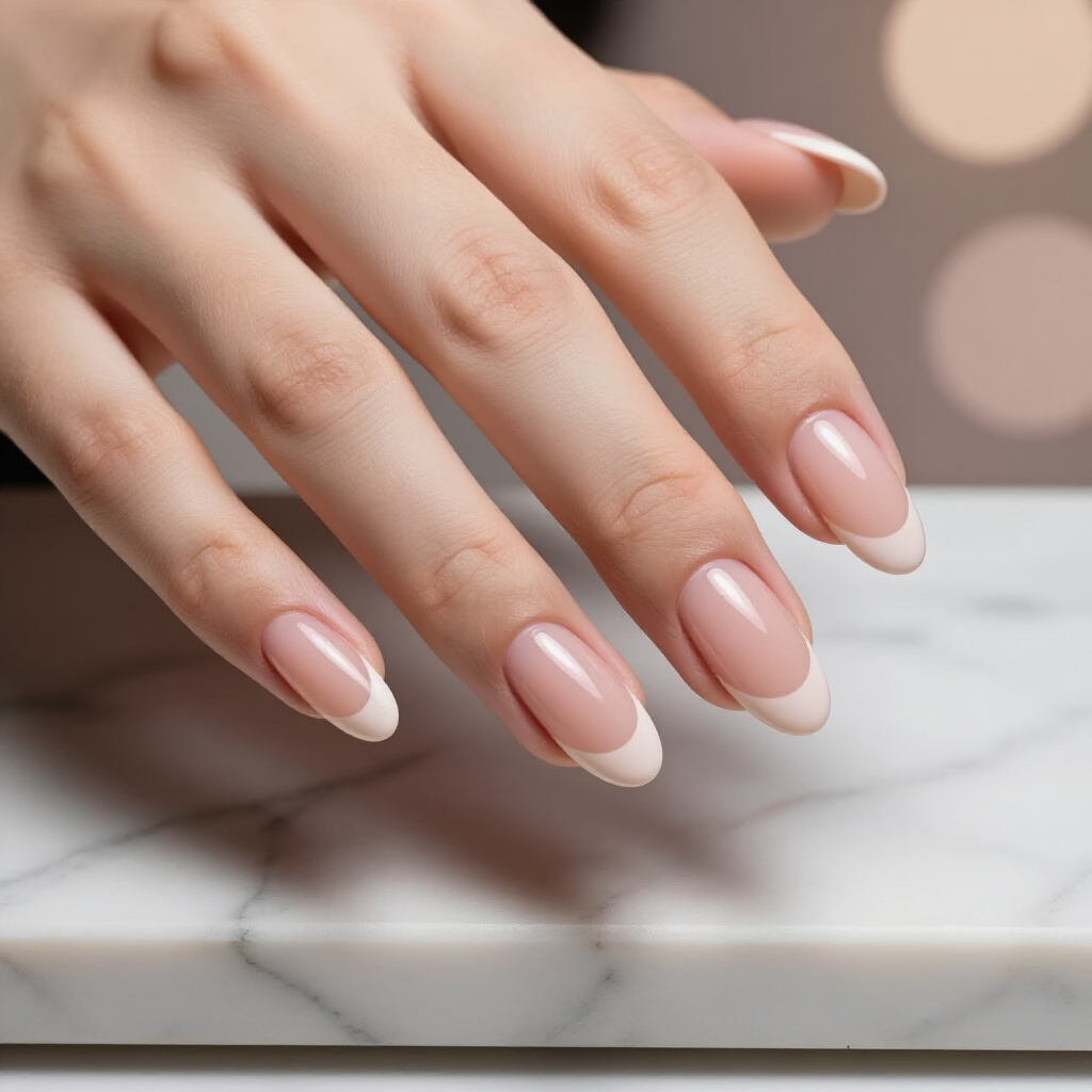 Glossy Nude with Subtle Ombre Almond French Tips - nude almond french tip nails