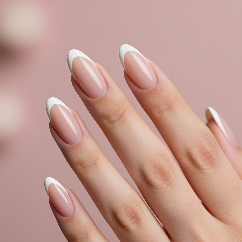 Milky Pink Nude with Thin White Almond French Tips - nude almond french tip nails