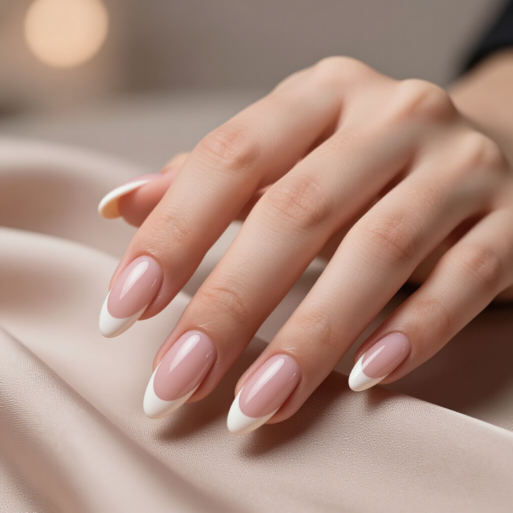 Sheer Nude with Gold Flake Almond French Tips - nude almond french tip nails