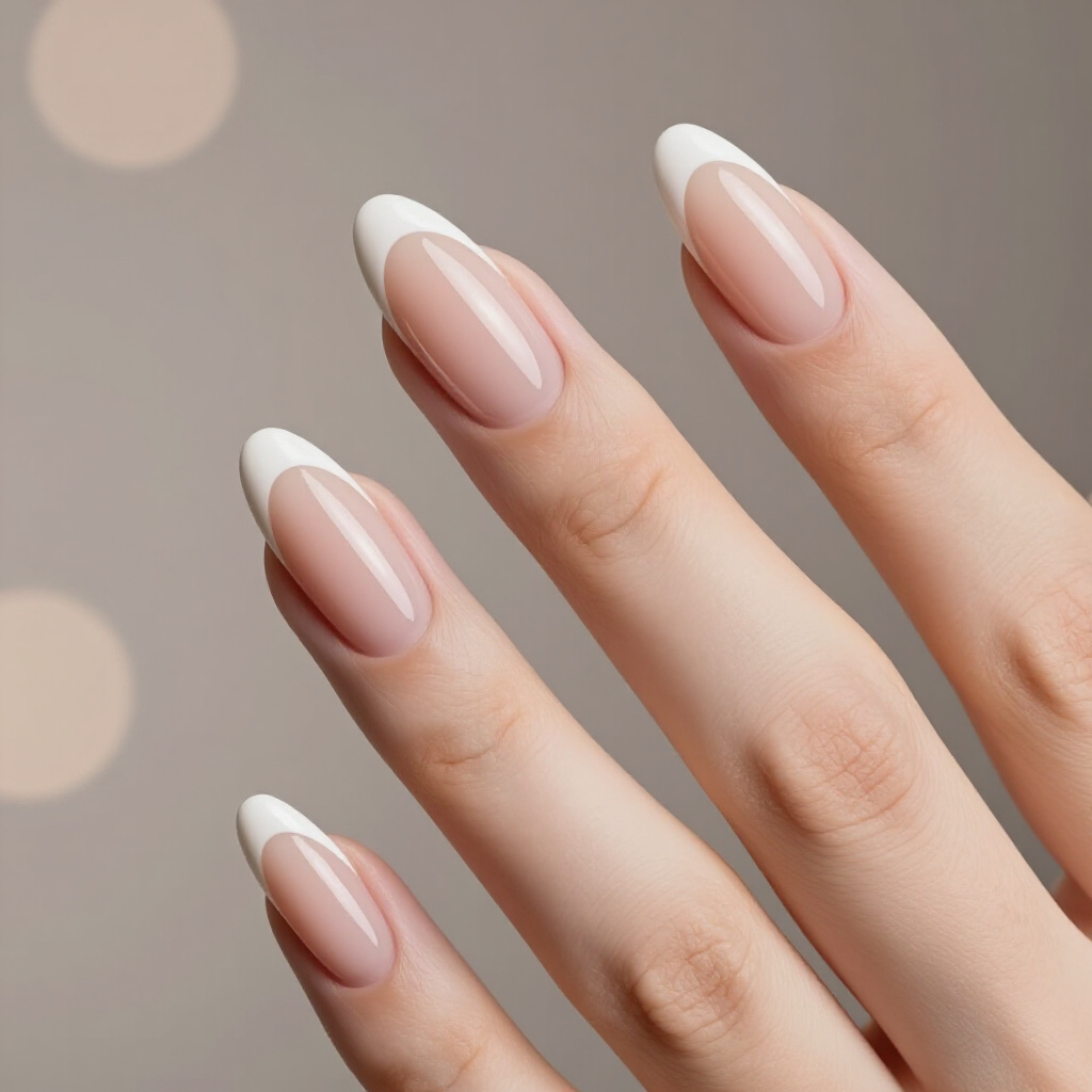 Warm Beige Nude with a Bold, Defined White French Tip - nude almond french tip nails