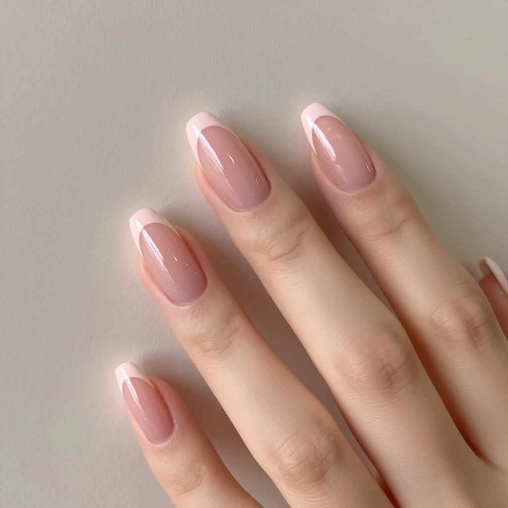 Peachy Nude with a Subtle, Rounded French Tip Edge - nude almond french tip nails