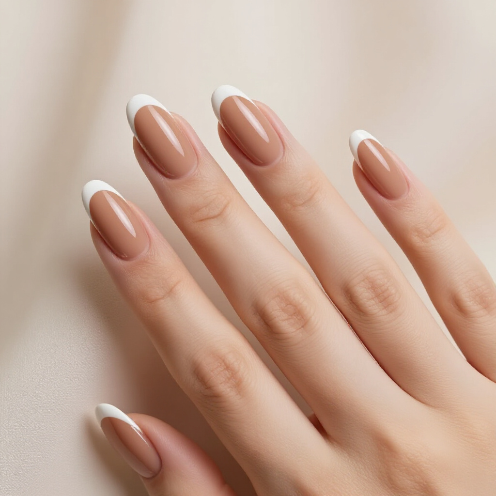 Creamy Tan Nude with a Natural, Soft French Curve - nude almond french tip nails