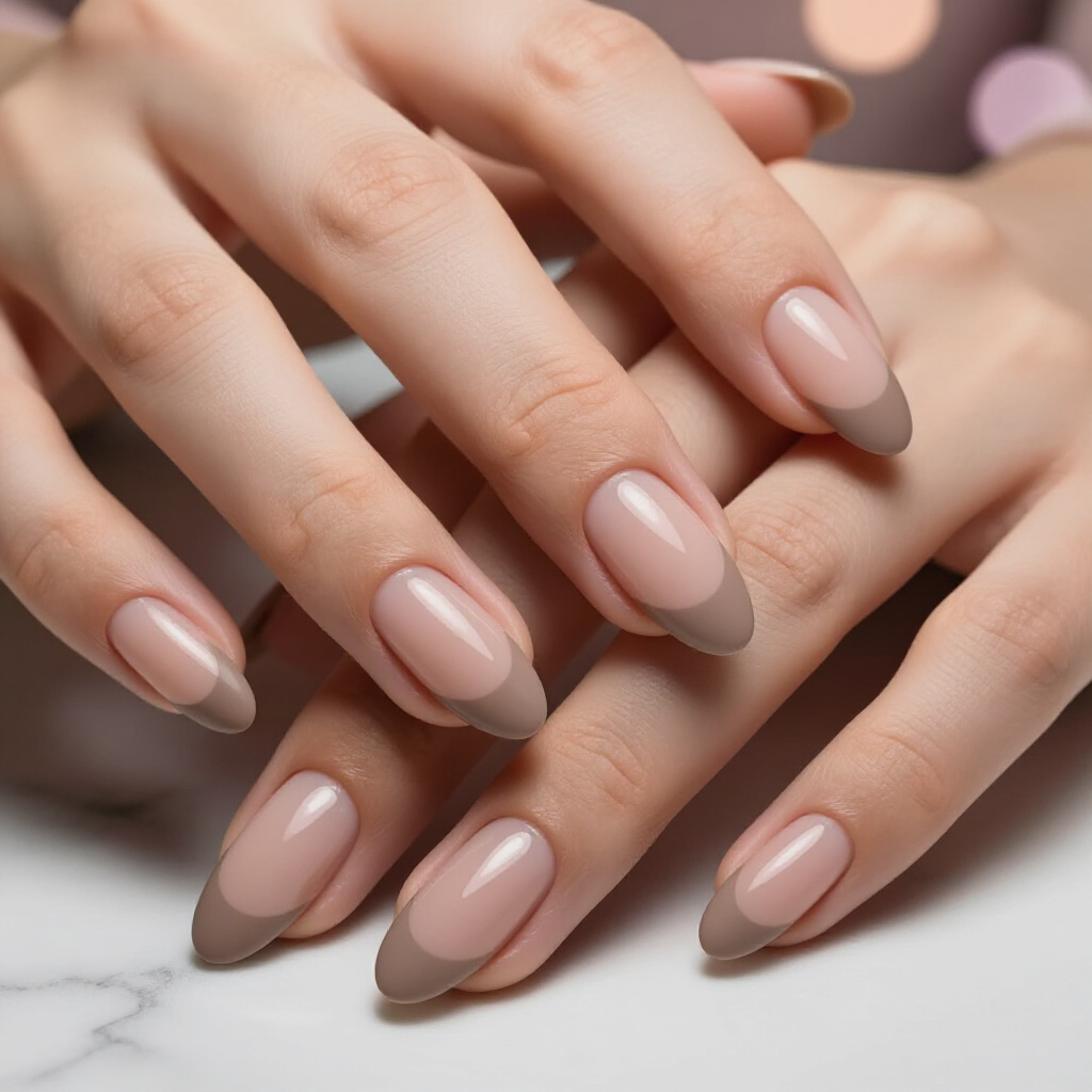 Caramel Nude with a Subtle Glitter French Tip Overlay - nude almond french tip nails
