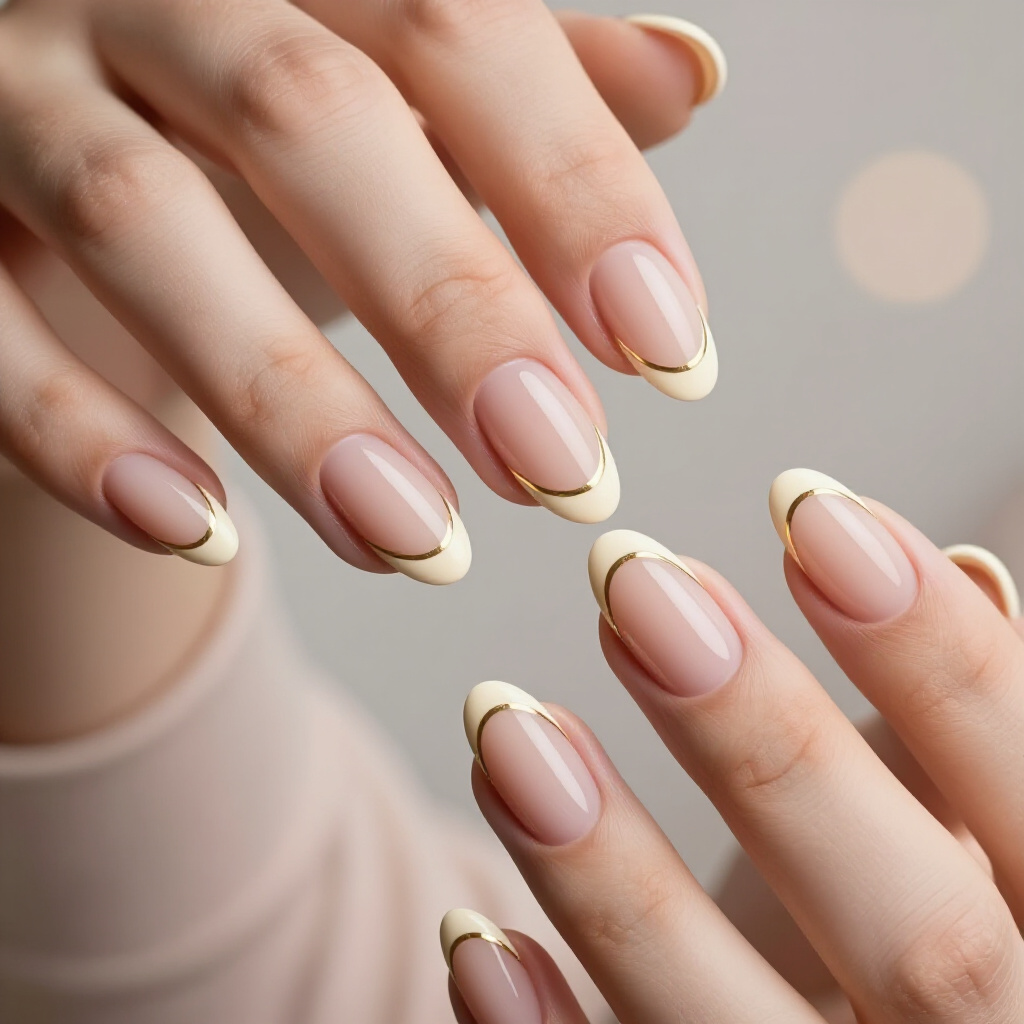 Light Peach Nude with a Subtle Gold Foil French Tip Accent - nude almond french tip nails