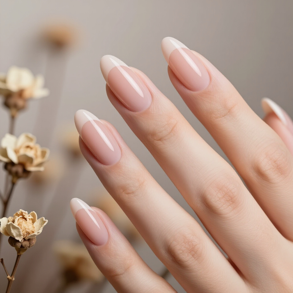 Nude Almond French Tips with a Subtle Ombre Effect - nude almond french tip nails