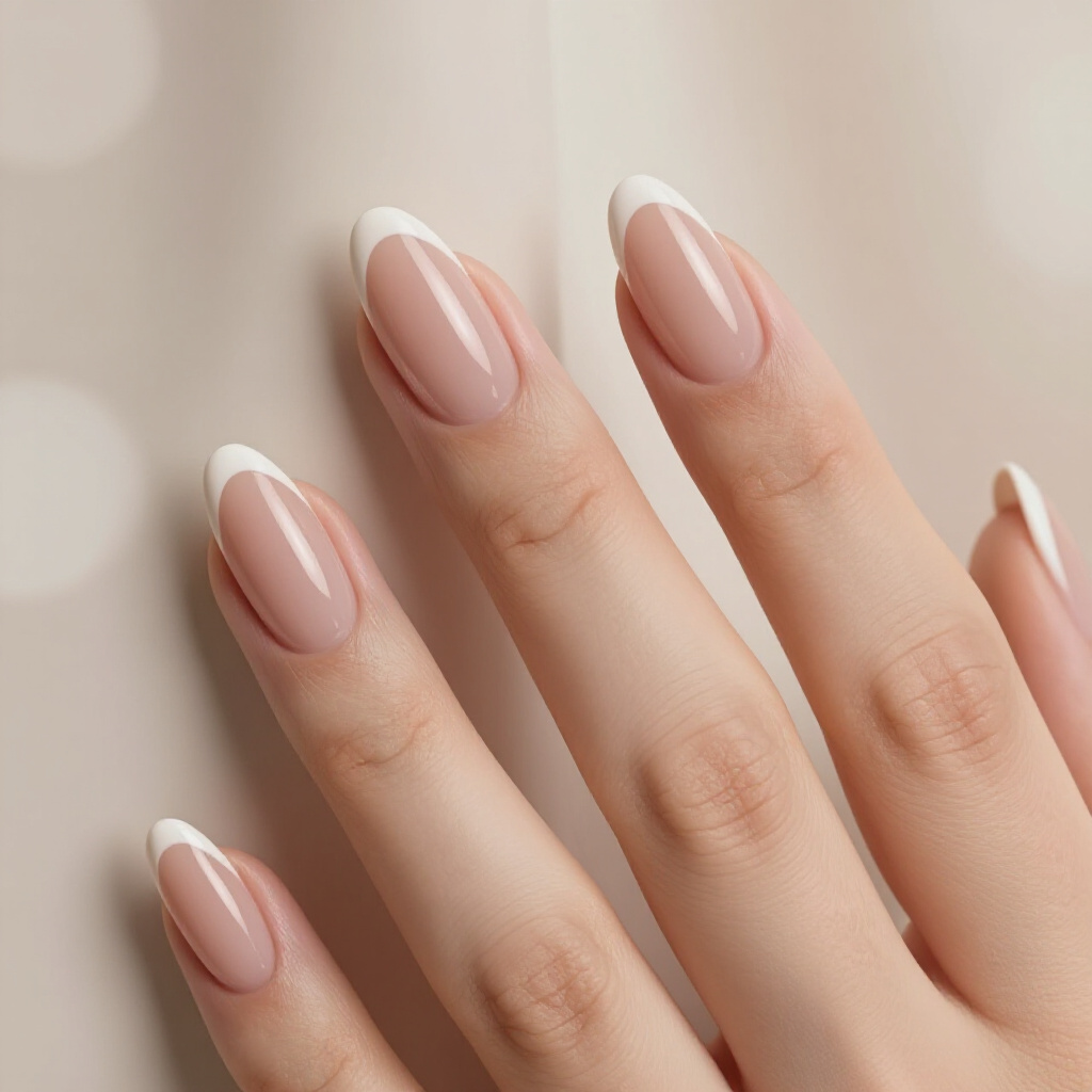 Nude Almond French Tips with a Delicate Pearl Embellishment - nude almond french tip nails