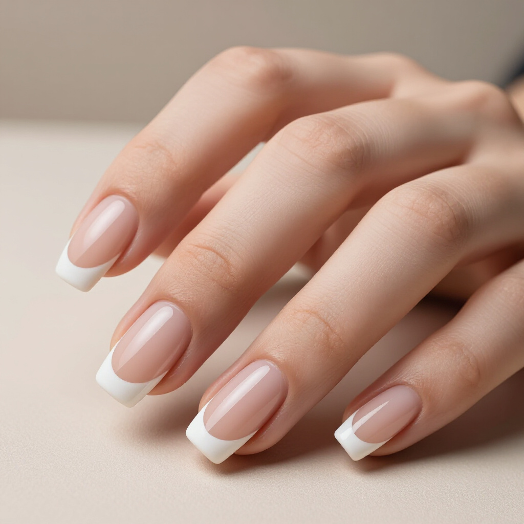 Muted Peach Nude with Pearlescent White Tips - nude short simple french tip nails