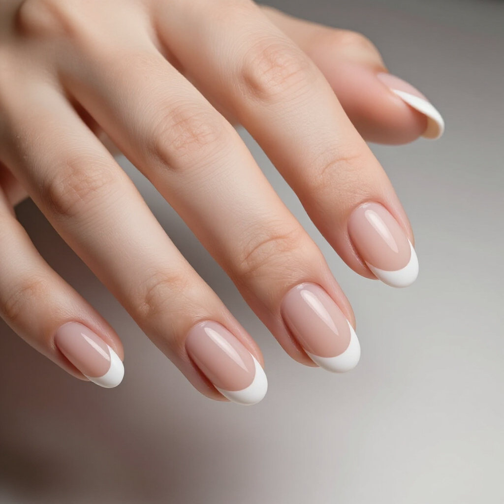 Nude with a Thin Metallic Silver French Line - nude short simple french tip nails