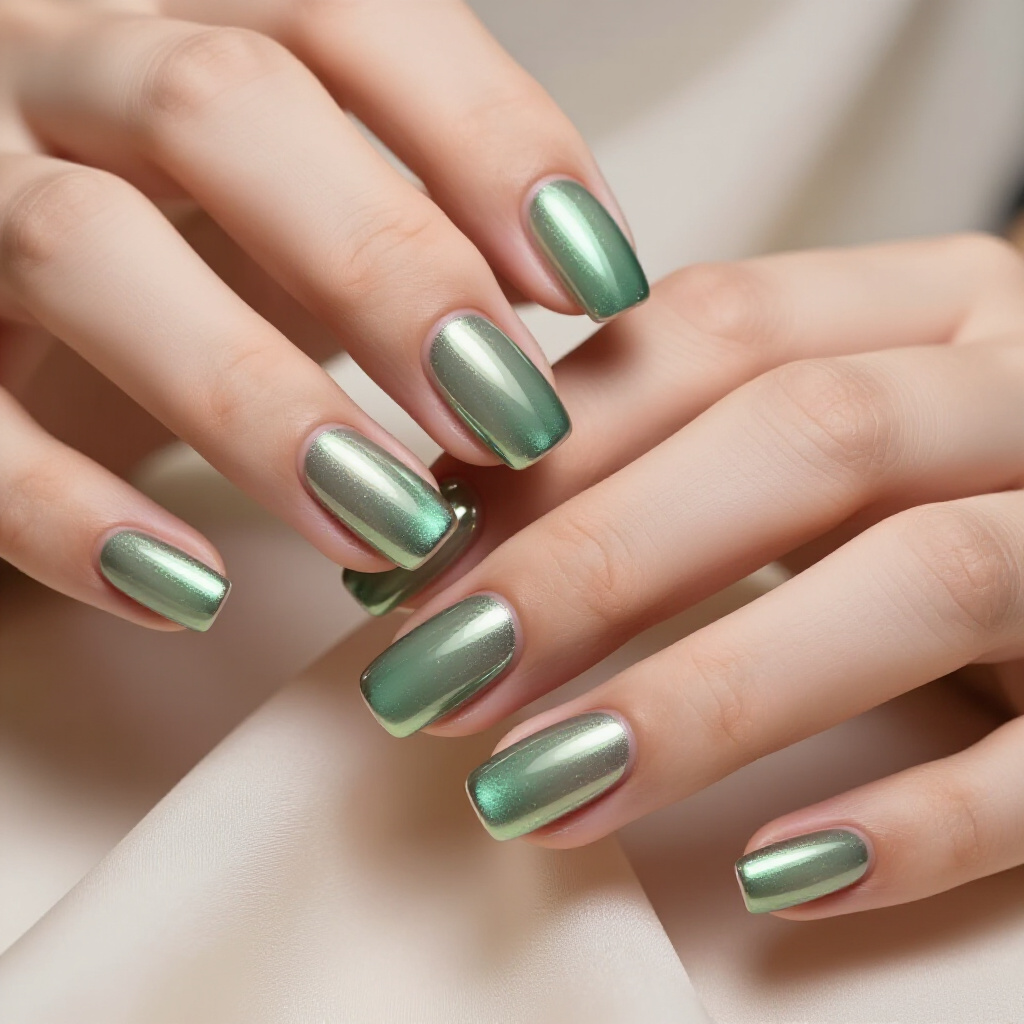 Light Pink Short Cat Eye with a Subtle Silver Sparkle - pink short cat eye nails