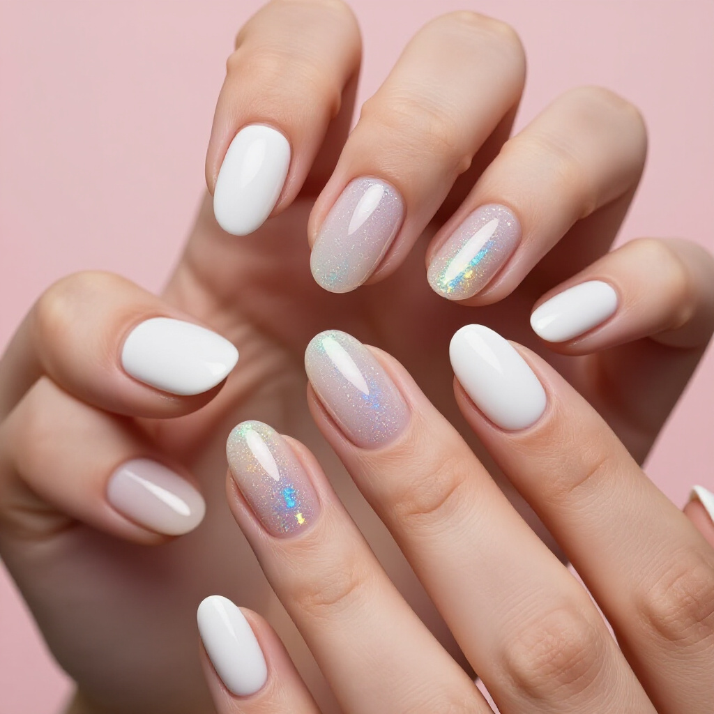 Subtle Gold Flakes in White Short Cat Eye Nails - white short cat eye nails Subtle Gold Flakes in White Short Cat Eye Nails - white short cat eye nails
