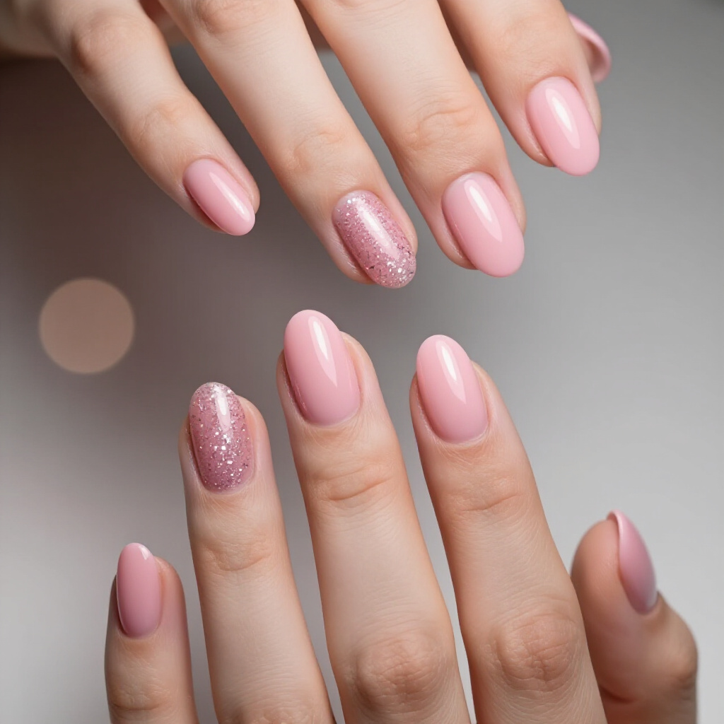 Light Bubblegum Pink Short Cute Cat Eye Nails with Minimalist Gold Flakes - pink short cute cat eye nails