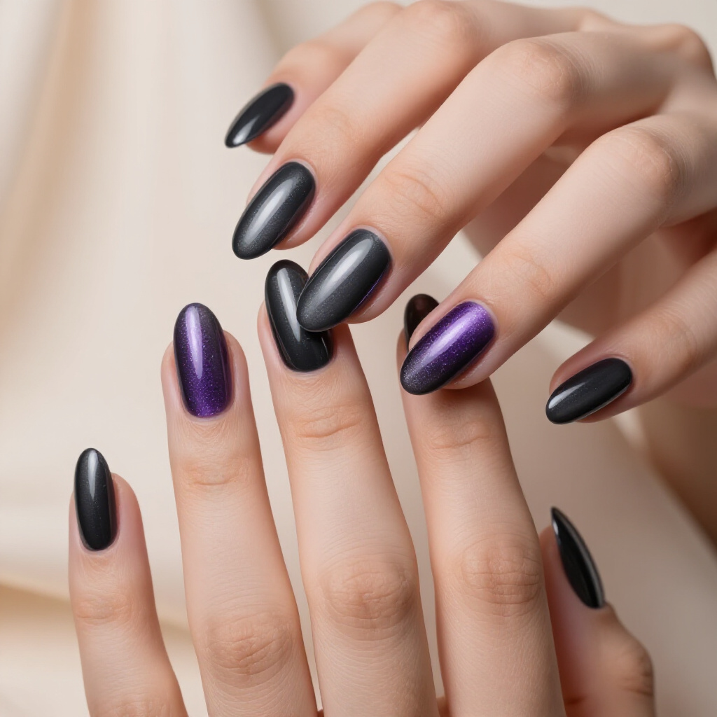 Delicate Gold Foil Accents on Black Almond Cat Eye Mani - black almond cat eye nails Delicate Gold Foil Accents on Black Almond Cat Eye Mani - black almond cat eye nails