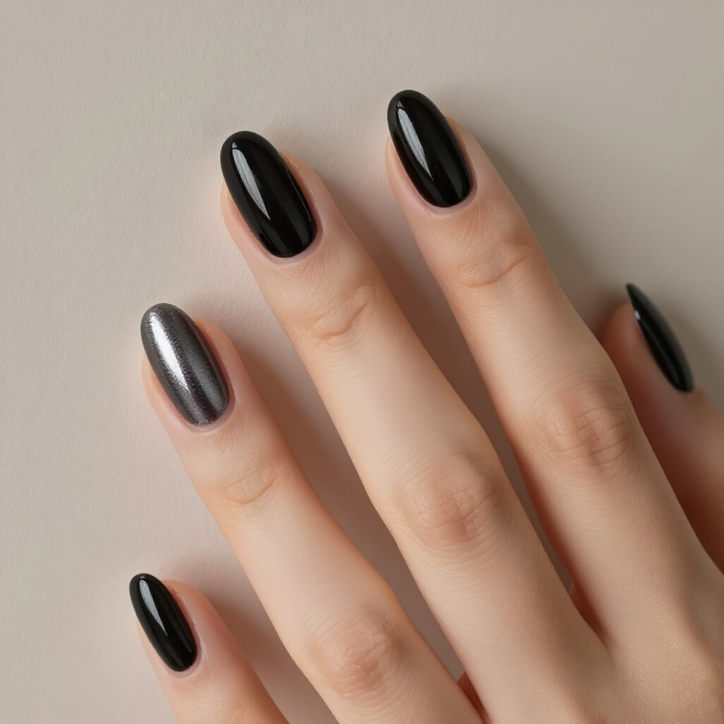 Classic Glossy Black Almond Cat Eye: Pure Dark Elegance - black almond cat eye nails