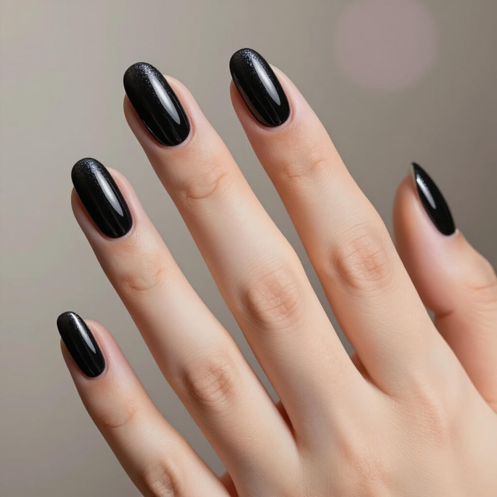 Subtle Silver Glitter Accents on Black Almond Cat Eye - black almond cat eye nails