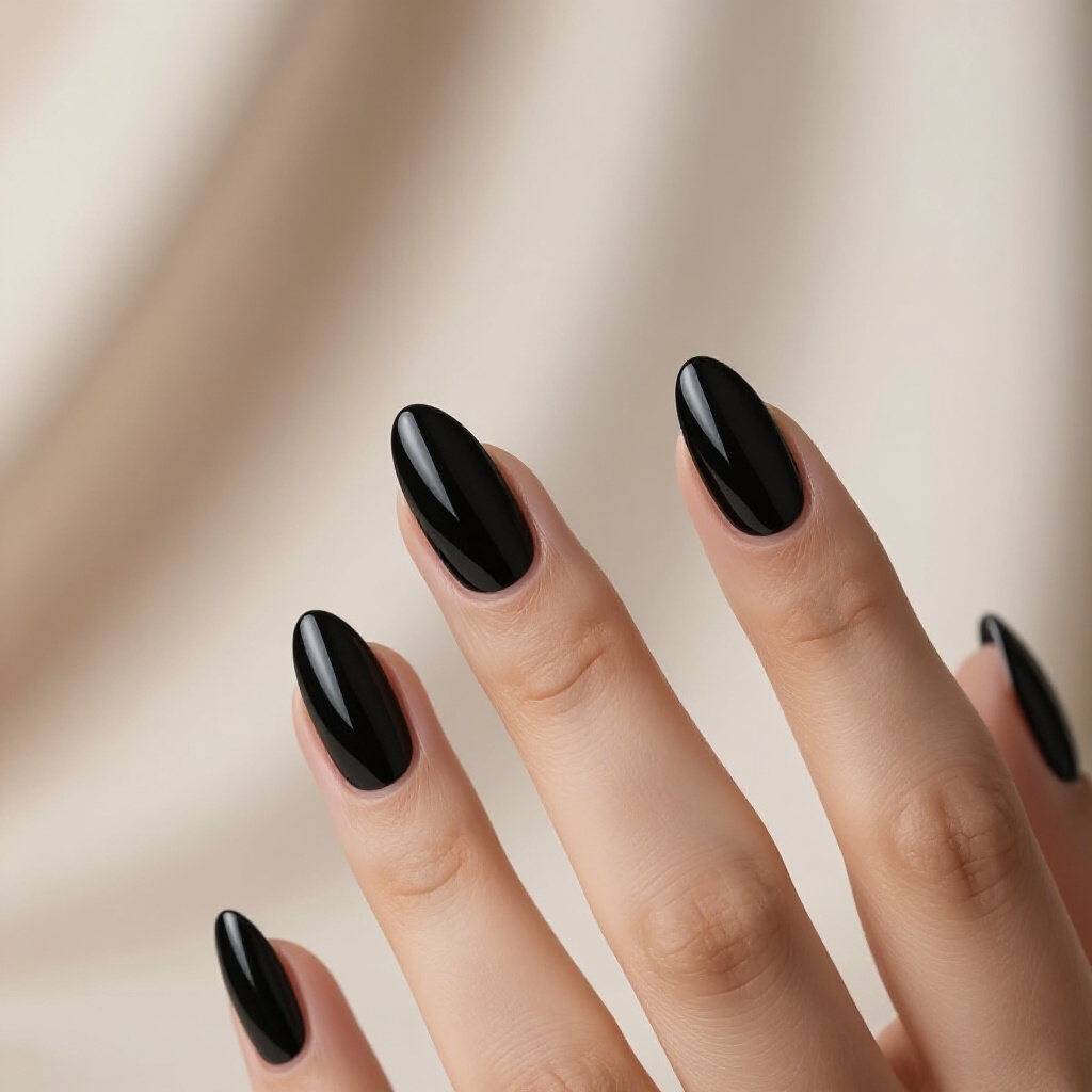 Sleek Black Almond Cat Eye with Minimalist Silver Line Detail - black almond cat eye nails
