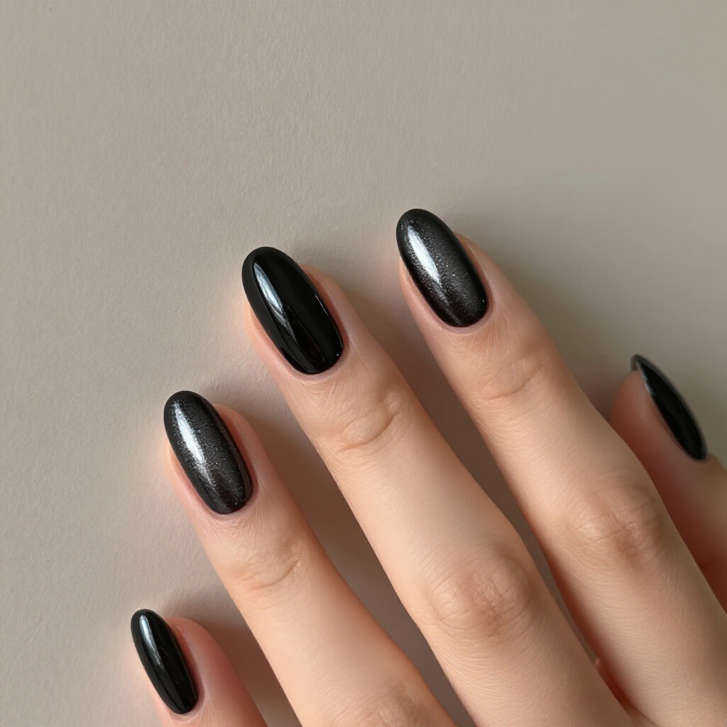 Classic Black Almond Cat Eye with Subtle Silver Shimmer - black almond cat eye nails