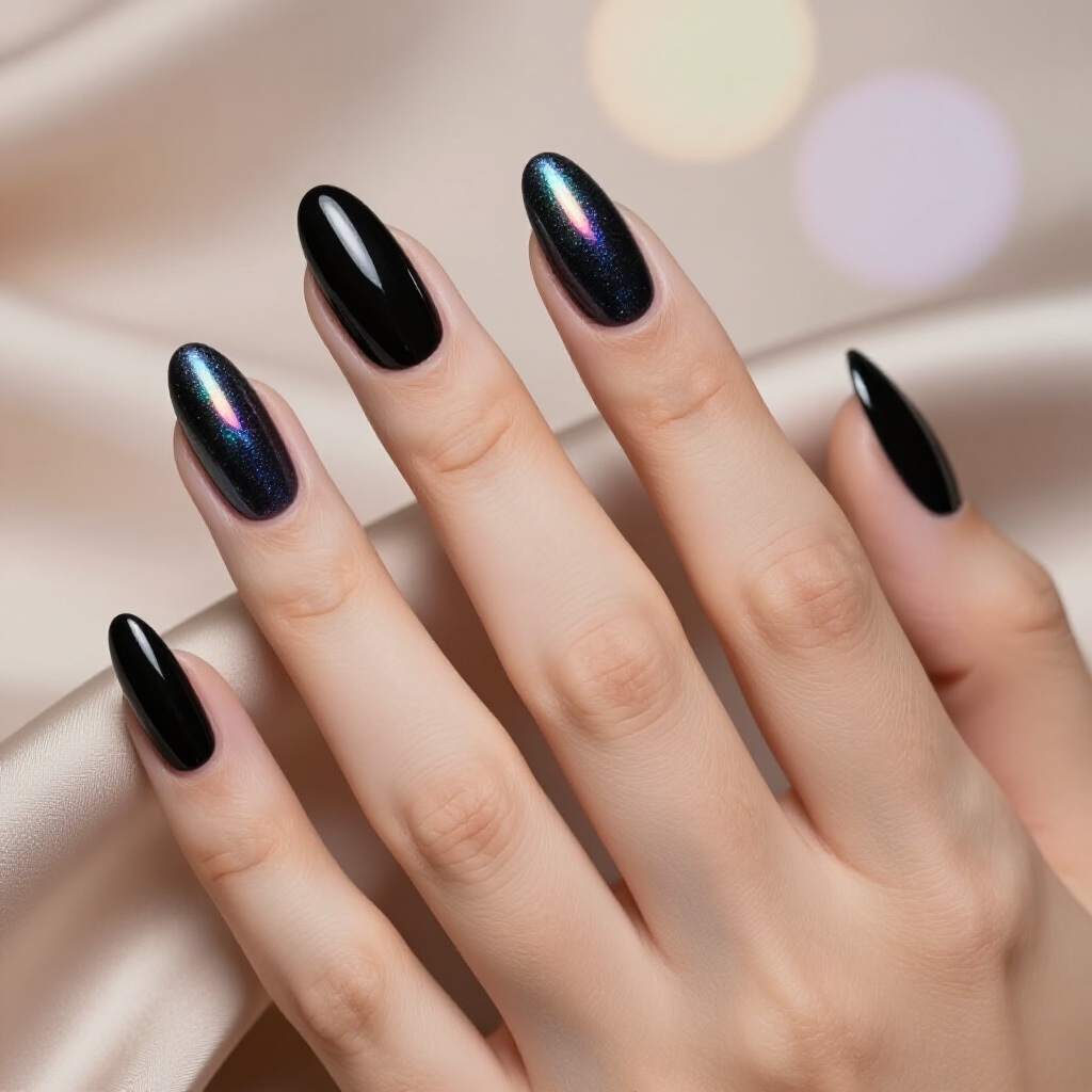 Glossy Black Almond Cat Eye with a Fierce Vertical Line - black almond cat eye nails