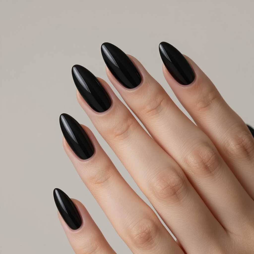 Matte Black Almond Cat Eye with a Galaxy Swirl Accent - black almond cat eye nails