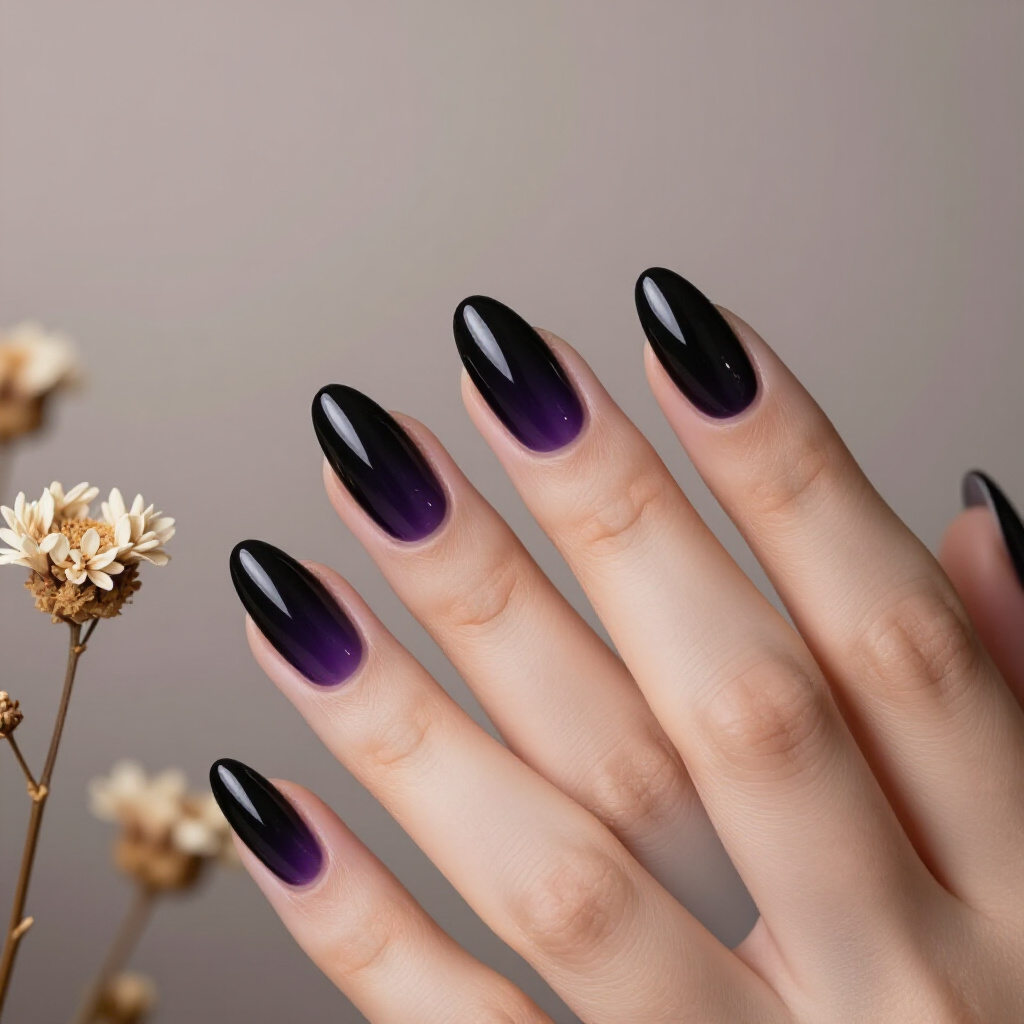Black Almond Cat Eye with Delicate Gold Foil Inclusions - black almond cat eye nails