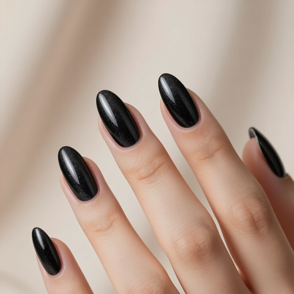 Sparkling Black Almond Cat Eye with Rhinestone Accents - black almond cat eye nails