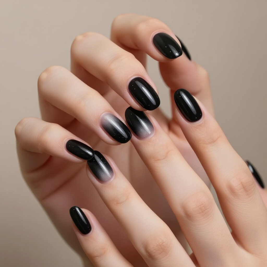Black Almond Cat Eye with a French Tip Overlay - black almond cat eye nails