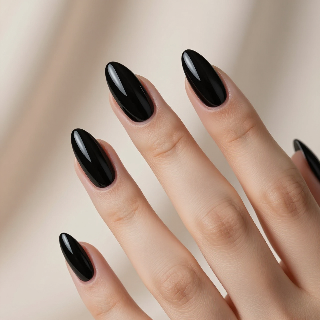 Black Almond Cat Eye with Chrome Accents: Futuristic Glamour - black almond cat eye nails