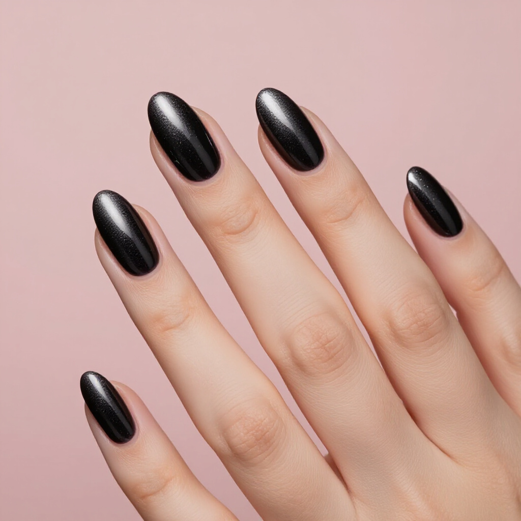 Gunmetal Grey Almond Cat Eye with Holographic Flakes - black almond cat eye nails Gunmetal Grey Almond Cat Eye with Holographic Flakes - black almond cat eye nails