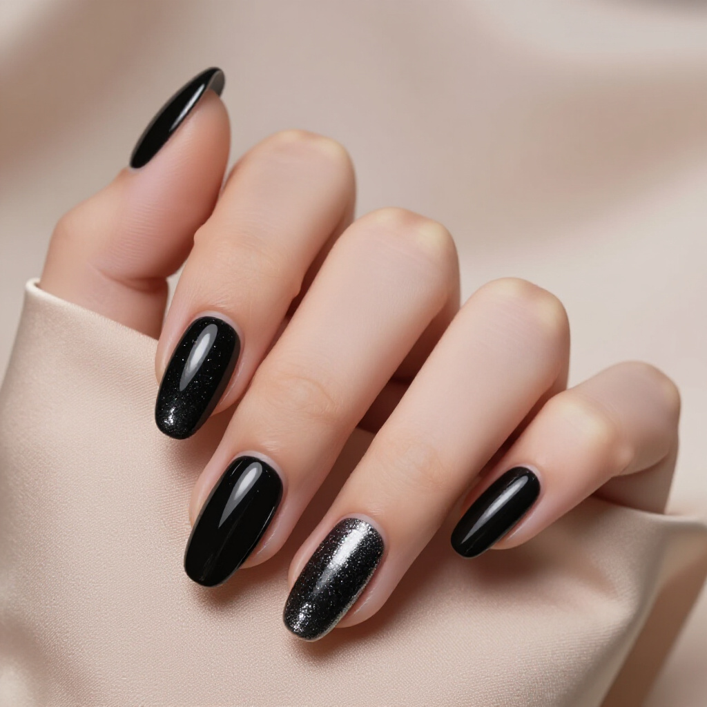 Deep Black Almond Cat Eye with Holographic Flakes - black almond cat eye nails Deep Black Almond Cat Eye with Holographic Flakes - black almond cat eye nails