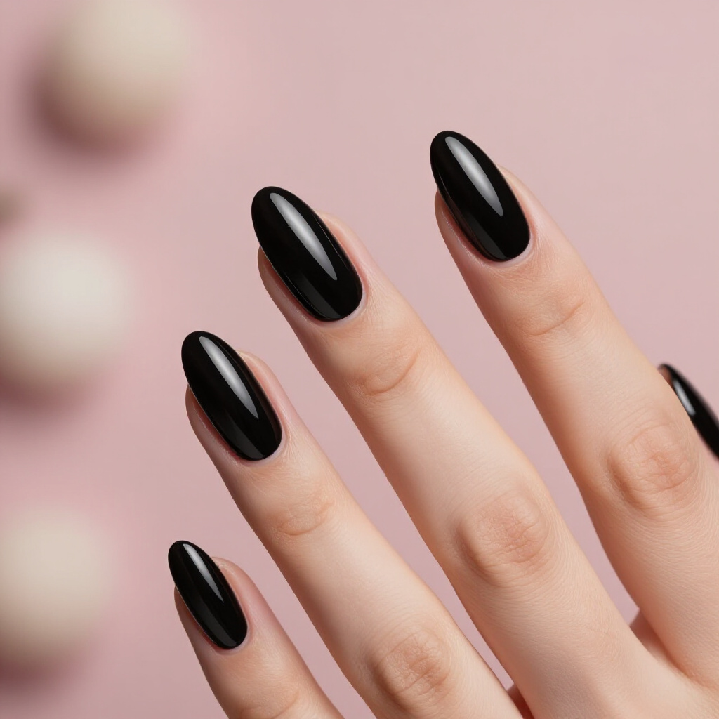 Glitzy Black Cat Eye Almond Nails with Silver Accents - black almond cat eye nails