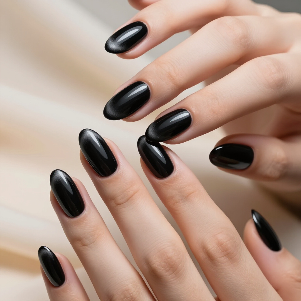 Minimalist Black Almond Cat Eye with a Single Rhinestone - black almond cat eye nails