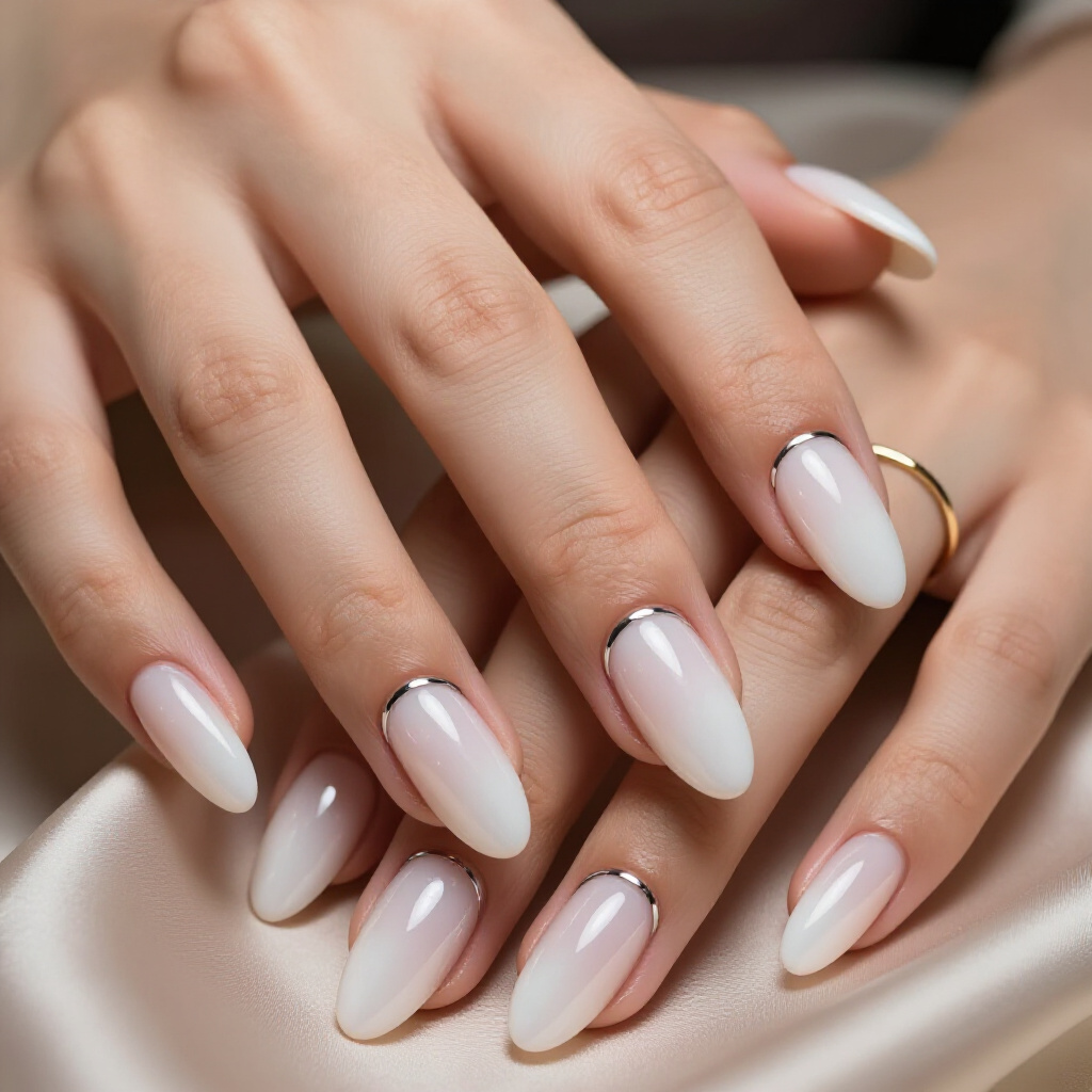 Creamy Ivory Almond Cat Eye with Subtle Silver Chrome Accents - white almond cat eye nails Creamy Ivory Almond Cat Eye with Subtle Silver Chrome Accents - white almond cat eye nails
