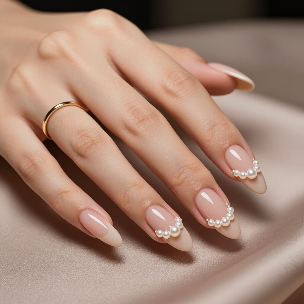 Creamy Vanilla Nude Almond Cat Eye with a Subtle Holographic Twist - nude almond cat eye nails