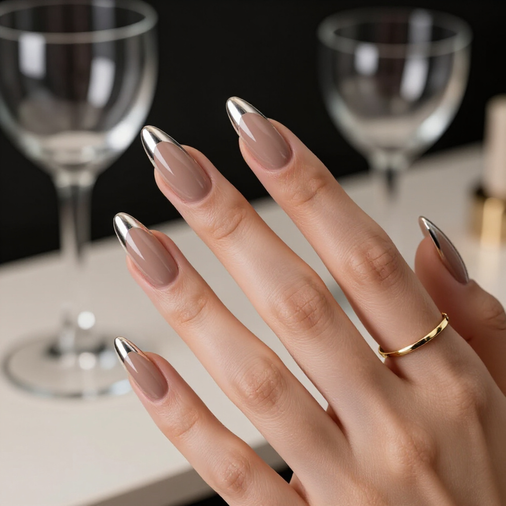 Soft Grey Nude Almond Cat Eye with a Touch of Silver for a Cool-Toned Sophistication - nude almond cat eye nails