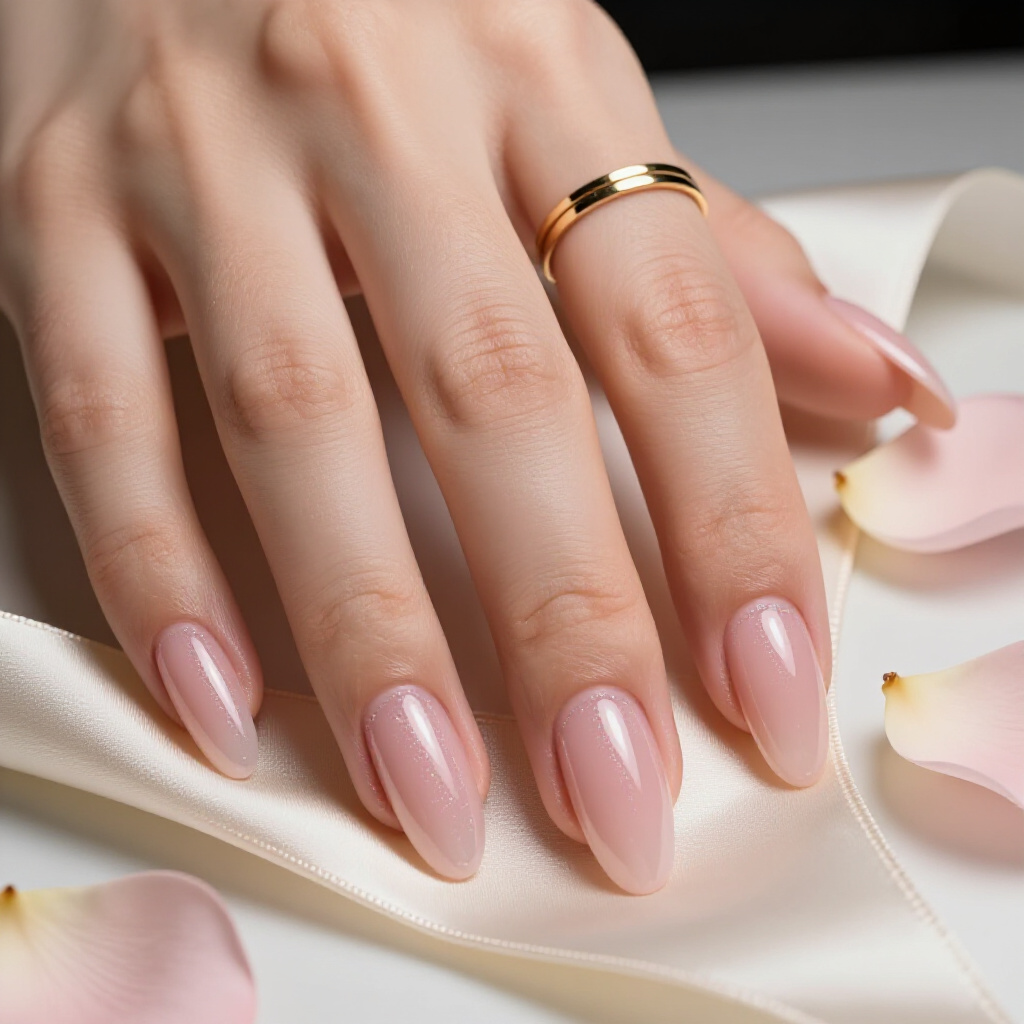 Soft Baby Pink Almond Cat Eye with Delicate Gold Flakes Embedded - pink almond classy cat eye nails Soft Baby Pink Almond Cat Eye with Delicate Gold Flakes Embedded - pink almond classy cat eye nails