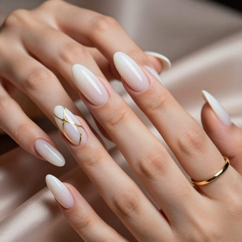 Chic Black and White Swirl Marble Almond Nails with a Touch of Gold Leaf Accent - marble nails