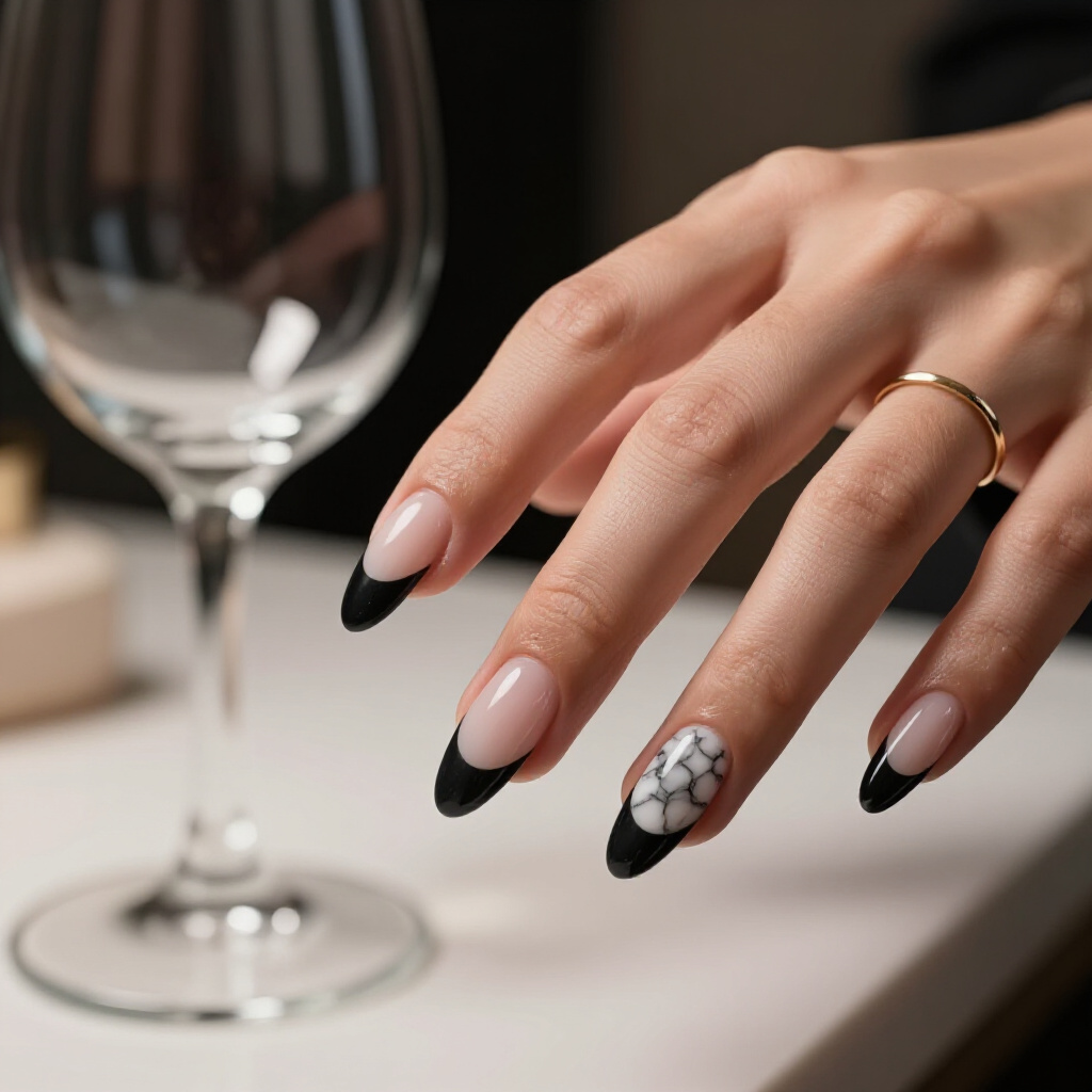 Deep Navy and Silver Veined Marble Almond Nails for Sophisticated Allure - marble nails