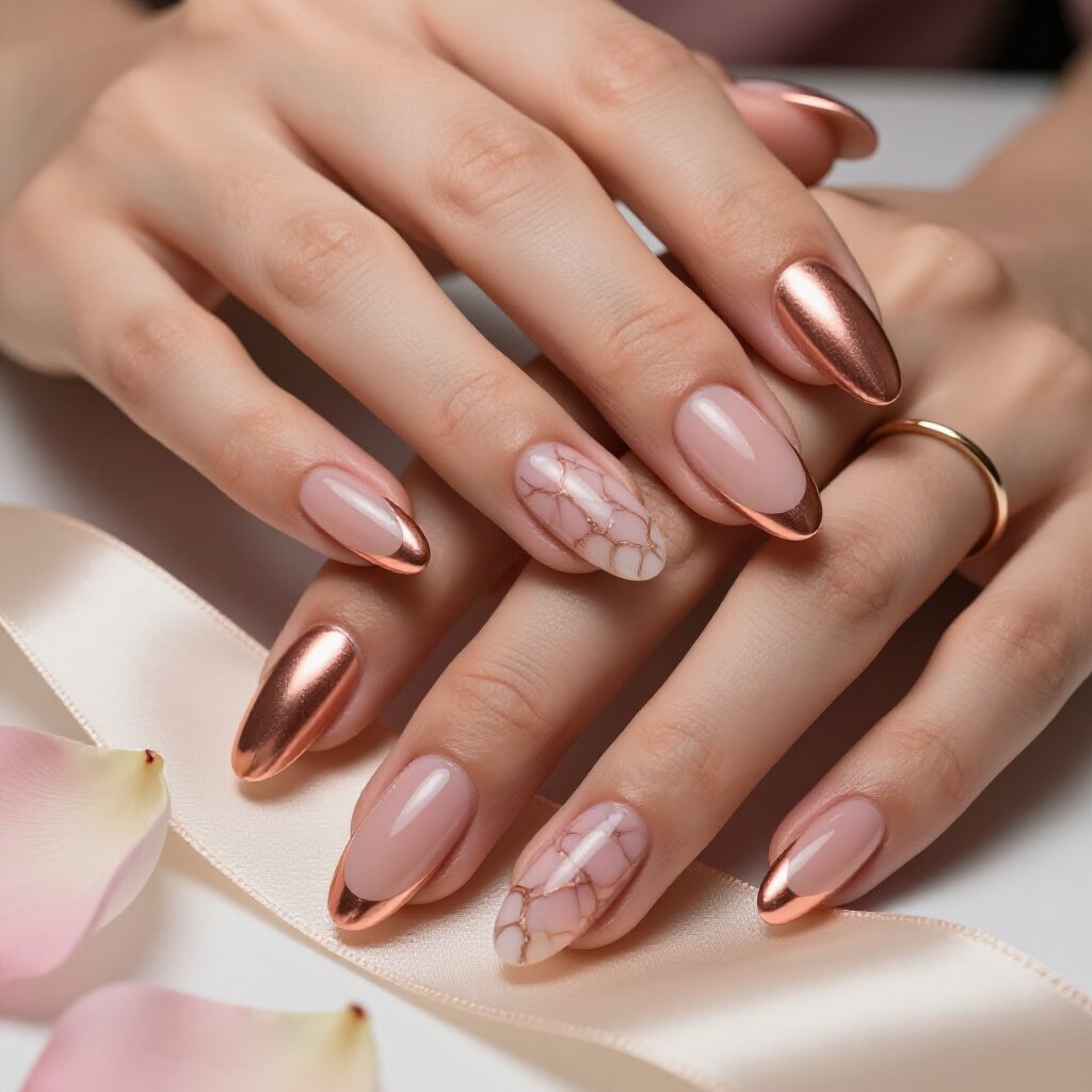 Vibrant Teal and Gold Marble Almond Nails for a Bold and Artistic Statement - marble nails