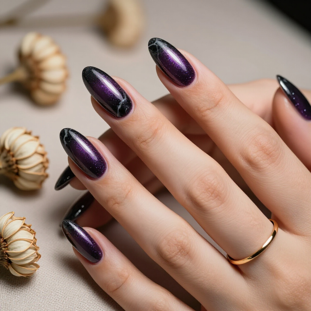 Bold Burgundy and Gold Flake Marble Almond Nails for a Dramatic Effect - marble nails