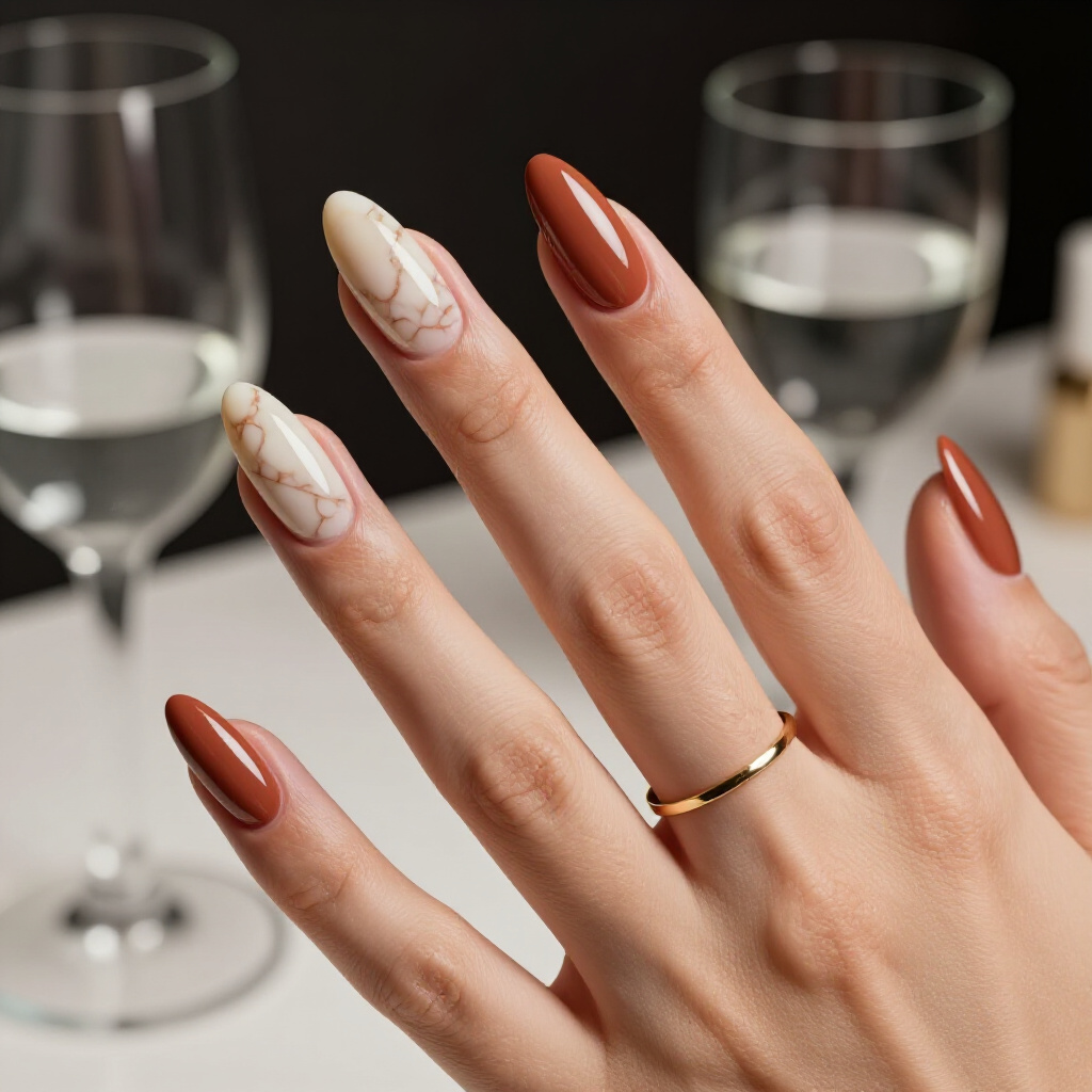 Monochromatic Black and White Abstract Marble Almond Nails with a High-Gloss Finish - marble nails