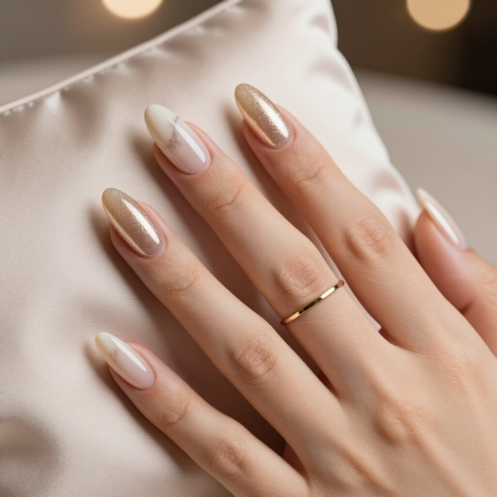 Modern Beige and Black Marble Almond Nails with a Minimalist Aesthetic - marble nails