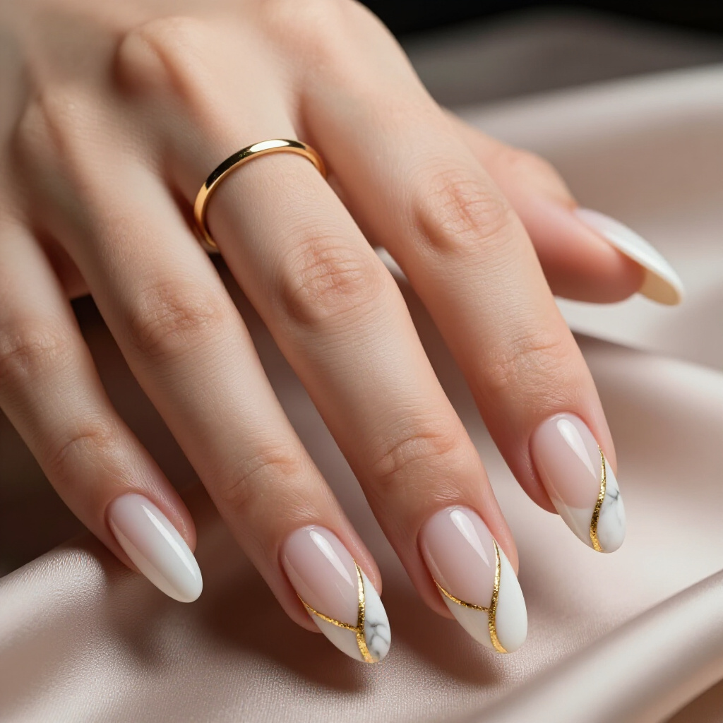 Black and White Luxury Marble with Gold Foil Accents for a Dramatic Statement - marble nails
