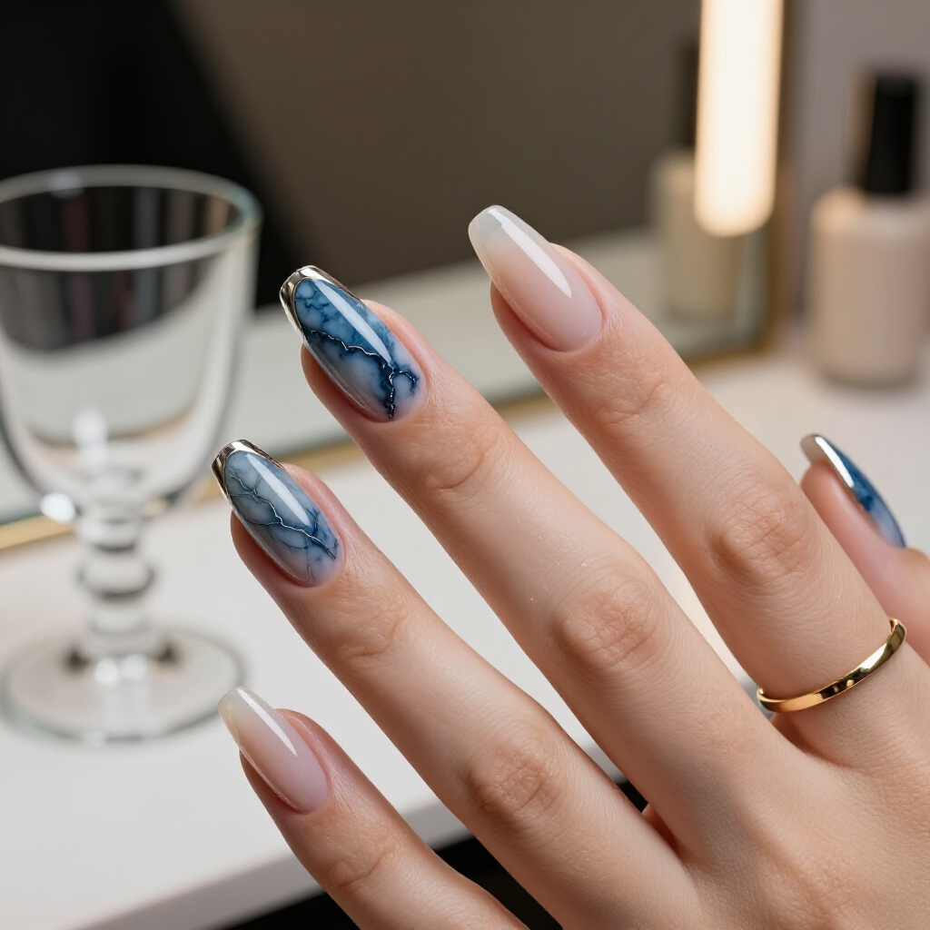 Deep Emerald Green and White Marble with a Touch of Emerald Glitter - marble nails