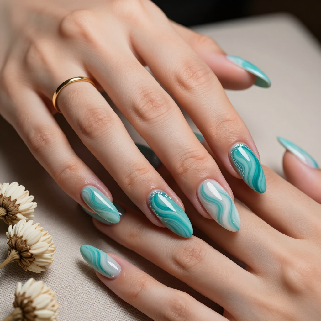 Classic White and Gold Marble with a High-Gloss Finish - marble nails