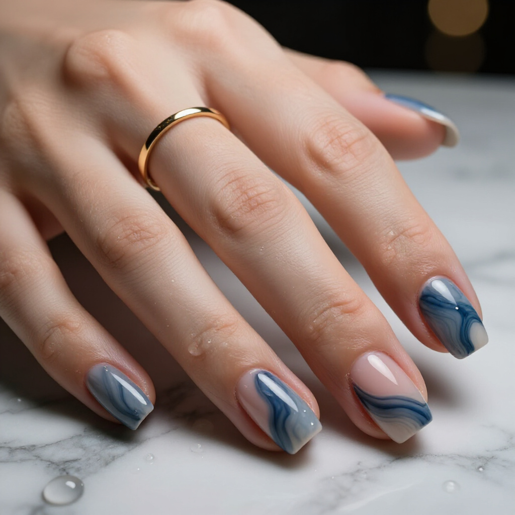 Bold Blue and White Swirls for a Statement-Making Manicure - short marble nails Bold Blue and White Swirls for a Statement-Making Manicure - short marble nails