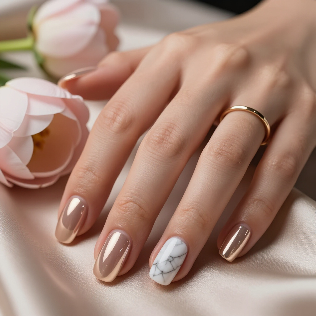 Gilded Accents: Gold Leaf Inclusions in Short Marble Nails - short marble nails Gilded Accents: Gold Leaf Inclusions in Short Marble Nails - short marble nails